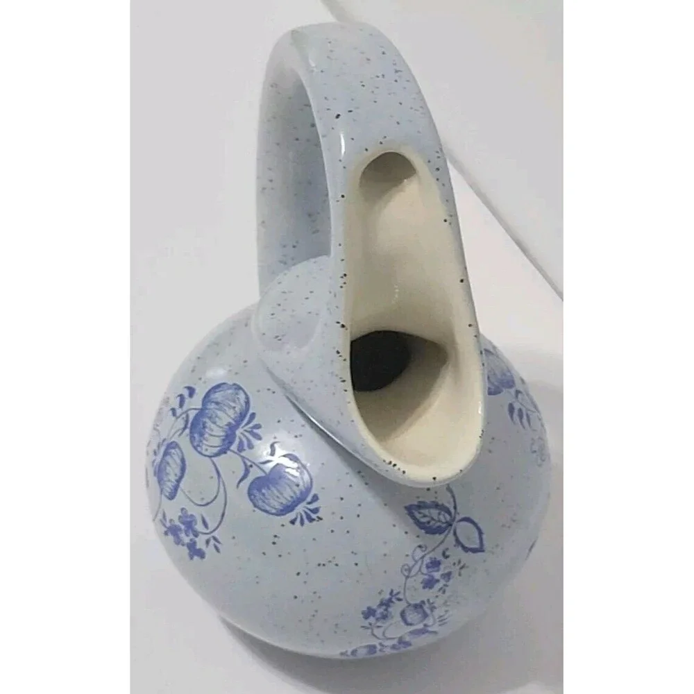 Unusual Pitcher Creamer Honey Pot Blue Speckled W Pumpkins Flowers Marked MPS 6